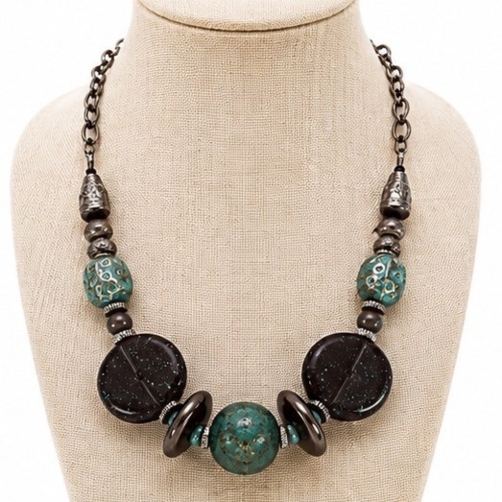 ChunkyTurquoise Colored Ceramic Bead Necklace Gunmetal Boho Statement Jewelry